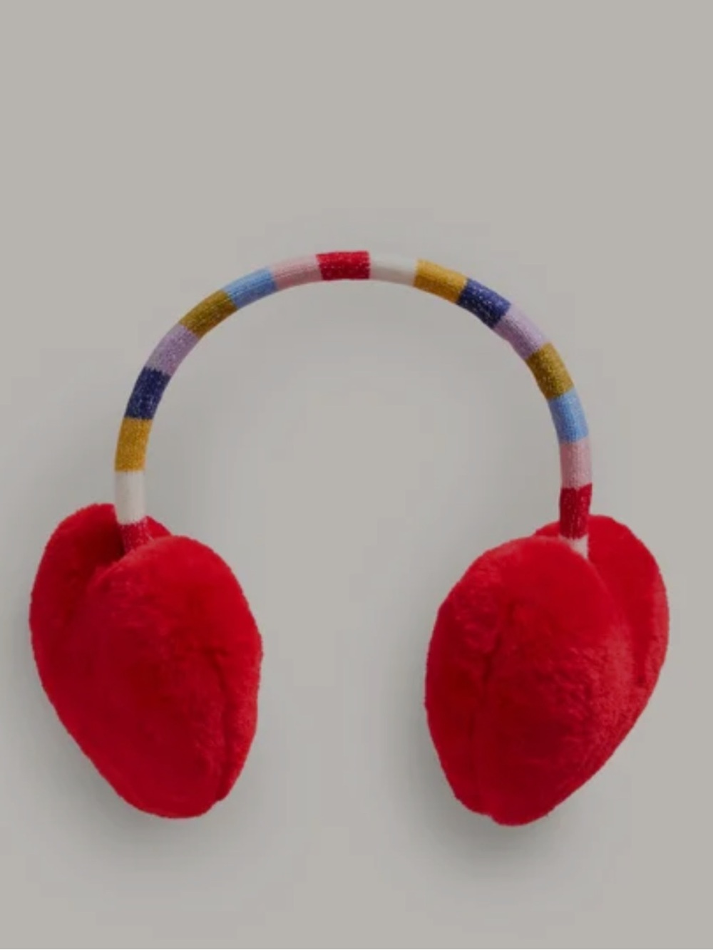 Mini Boden Red Plush Ear Muffs with Multicolor Striped Headband